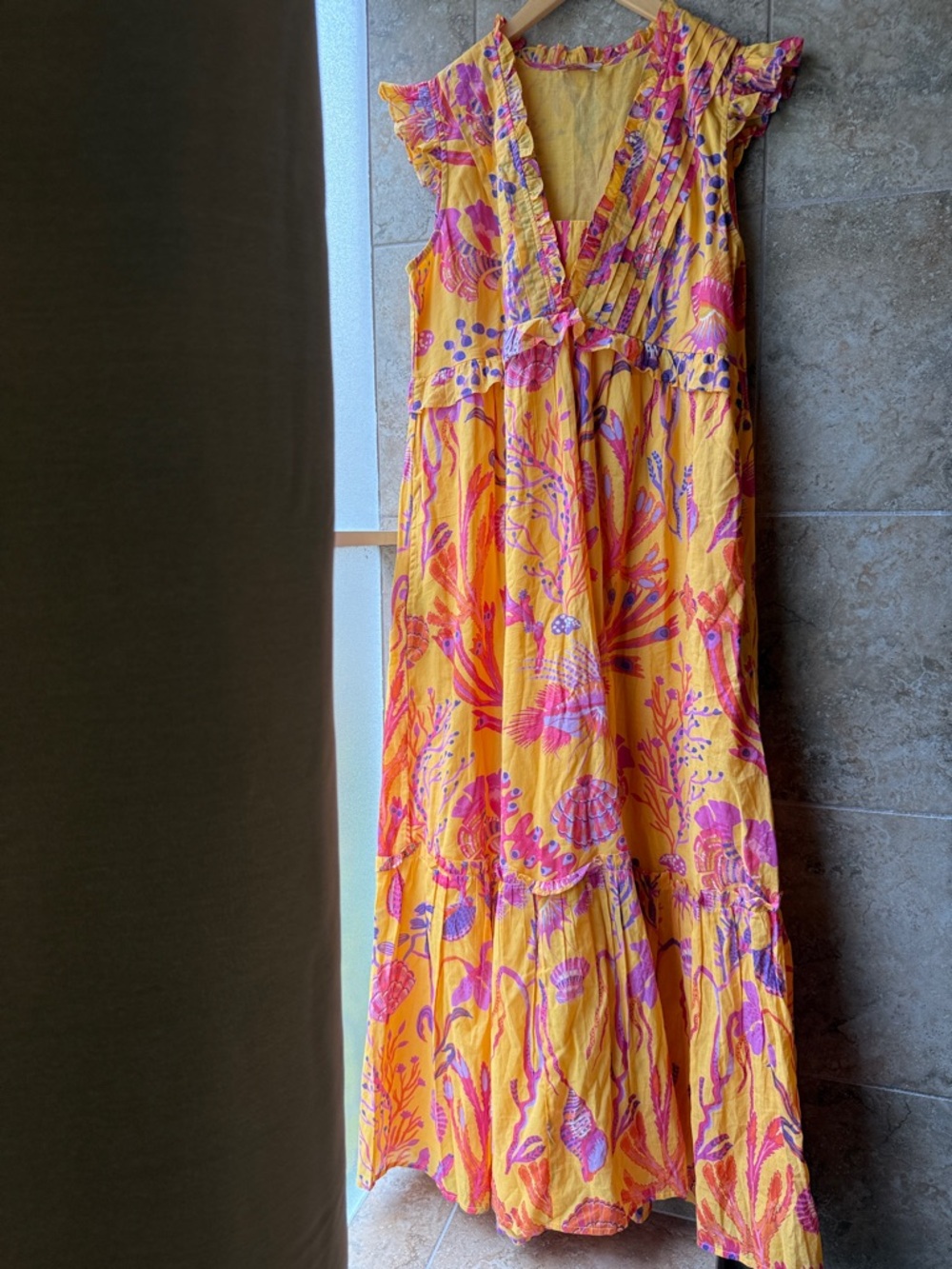 Banjanan Constance Golden Maxi Dress 100% Cotton Pockets Lined Ruffle Frills XL